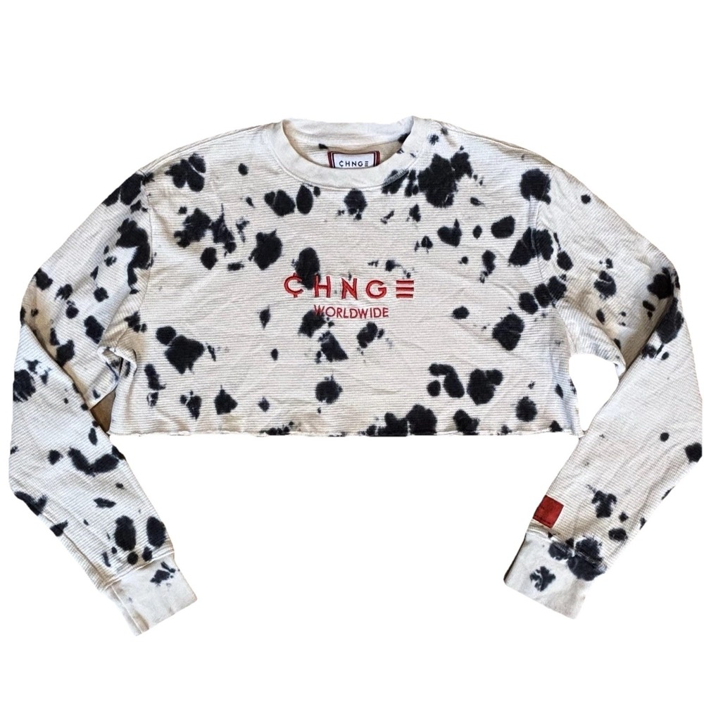 CHNGE Womens Long Sleeve Cropped Waffle Top 100% Organic Cotton Tie Dye Y2K Sz L